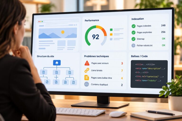 Écran d’audit technique présentant performances, indexation et structure du site.